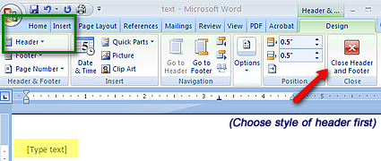 Toolbar Showing Home, Header, and Close Header and Footer