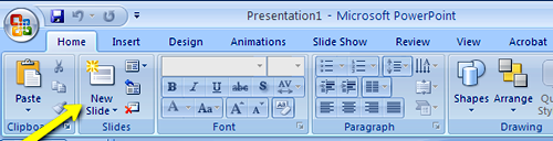 Step One Tool Bar With Yellow Arrow Pointing to New Slide