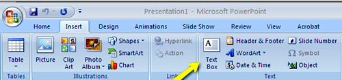 Tool Bar With Arrow Pointing to Text Box Under Insert